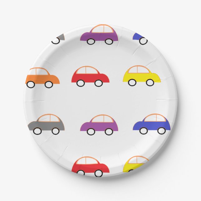 Multicolor mini cars on white paper plate (Front)