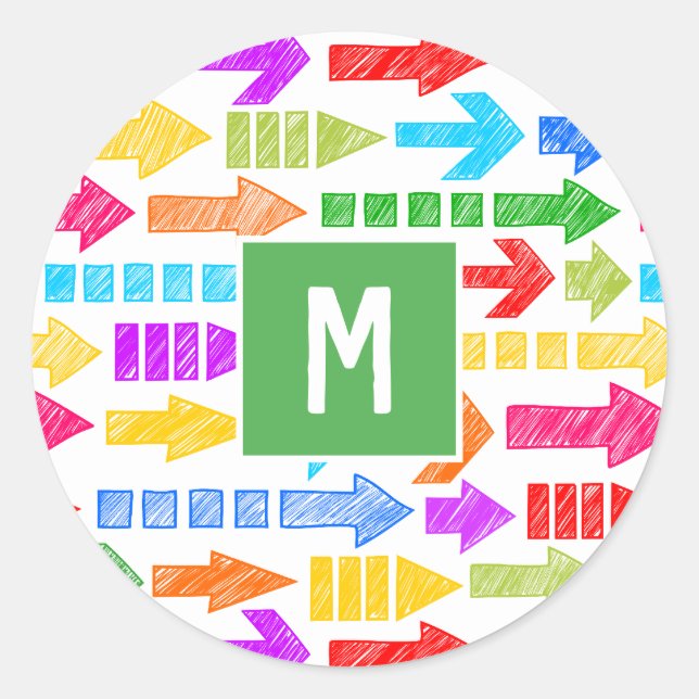 Multicolor Modern Geometric Arrow Pattern Monogram Classic Round Sticker (Front)