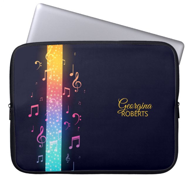 Multicolor Music Notes and Custom Name Laptop Sleeve (Front)