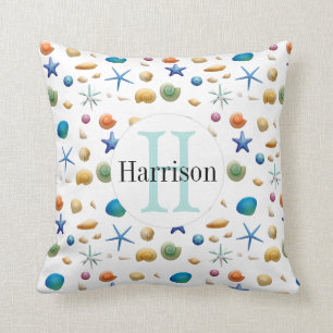 Multicolor Nautical Sea Shell   Monogram Throw Pillow