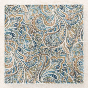 Multicolor Paisley Hand-Drawn Print Glass Coaster