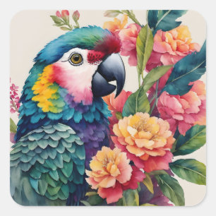 Multicolor Parrot Floral Watercolor Art Square Sticker