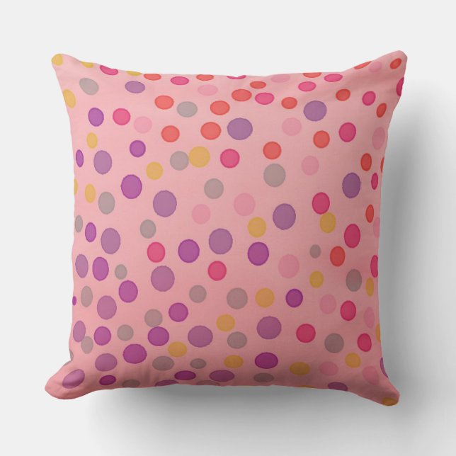 Multicolor pastel dots on pink throw pillow (Front)