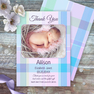 Multicolor Pastel Plaid Baby Photo Carte de remerc