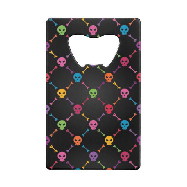 Multicolor pattern with skulls credit card bottle opener (Front)