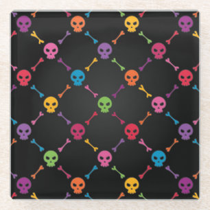 Multicolor pattern with skulls glass coaster