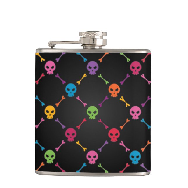 Multicolor pattern with skulls hip flask (Front)