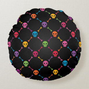 Multicolor pattern with skulls round pillow