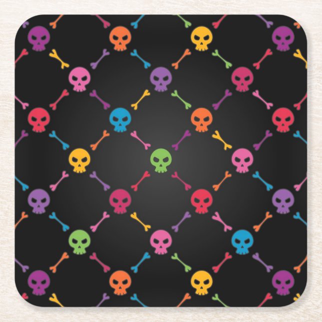 Multicolor pattern with skulls square paper coaster (Front)