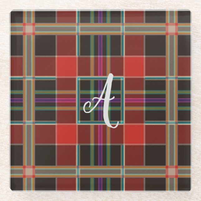 Multicolor Plaid (Tartan) Monogram, Name Custom Glass Coaster (Front)
