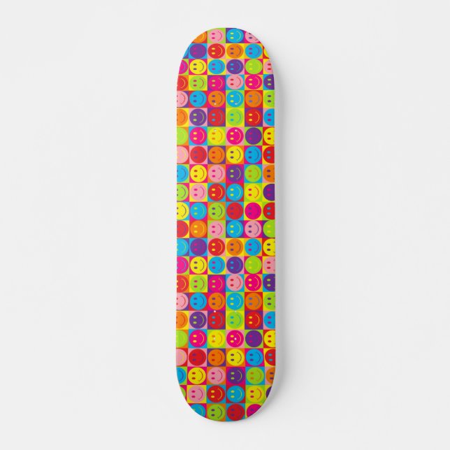 Multicolor Pop Happy Face Squares Skateboard (Front)