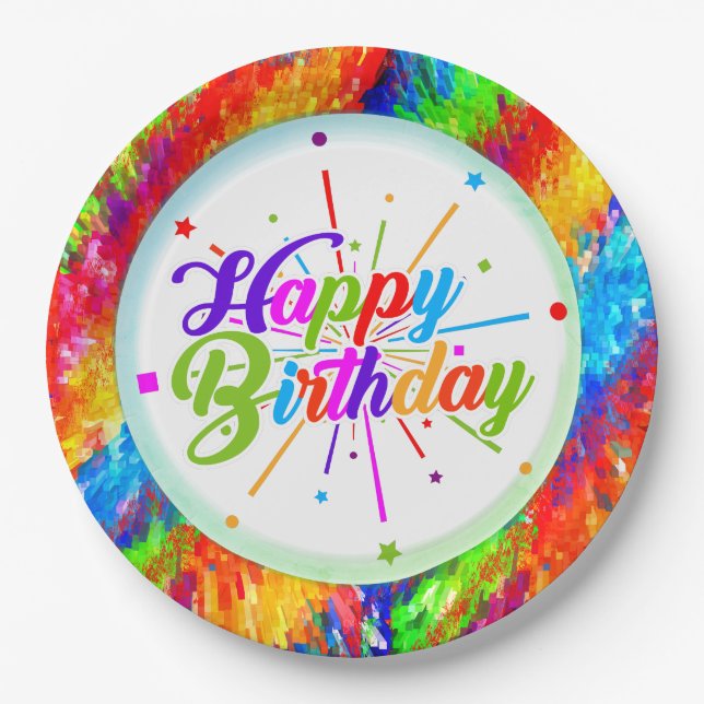 Multicolor Psychedelic Abstract (Happy Birthday) Paper Plate (Front)
