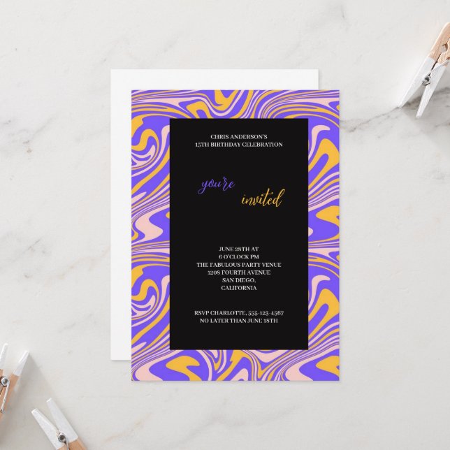 multicolor purple and orange birthday invitation (Front/Back In Situ)