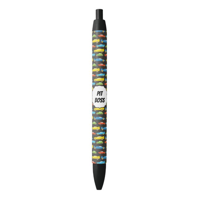 Multicolor Race Cars on Black Personalized Ink Pen (Front Vertical)