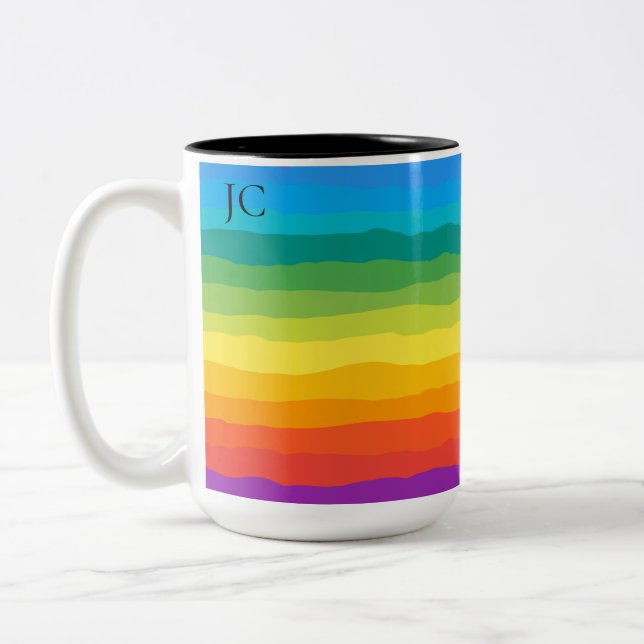 Multicolor Rainbow Wiggly Stripes Two-Tone Coffee Mug (Left)