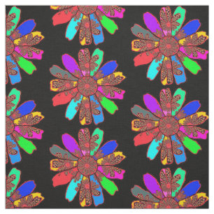 Multicolor Retro Floral on Black Bold Design Fabric