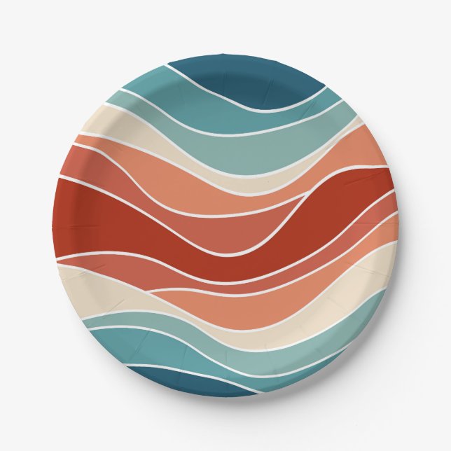 Multicolor retro style waves paper plate (Front)