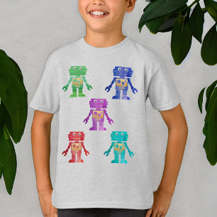 Multicolor Robots with Child's Name on Back T-Shirt