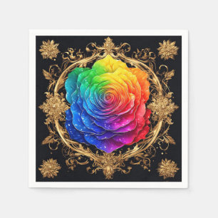 Multicolor Rose with Ornate Golden Flourishes Napkin