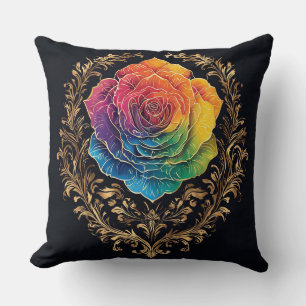 Multicolor Rose with Ornate Golden Flourishes Throw Pillow