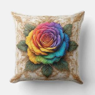 Multicolor Rose with Ornate Golden Flourishes Throw Pillow