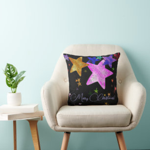 Multicolor shining stars- Merry Christmas! Throw Pillow