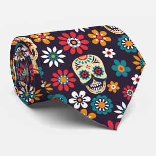 multicolor skull floral pattern tie
