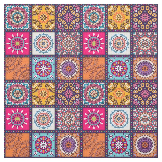Multicolor spiritual mandala floral tiled pattern fabric (Swatch)