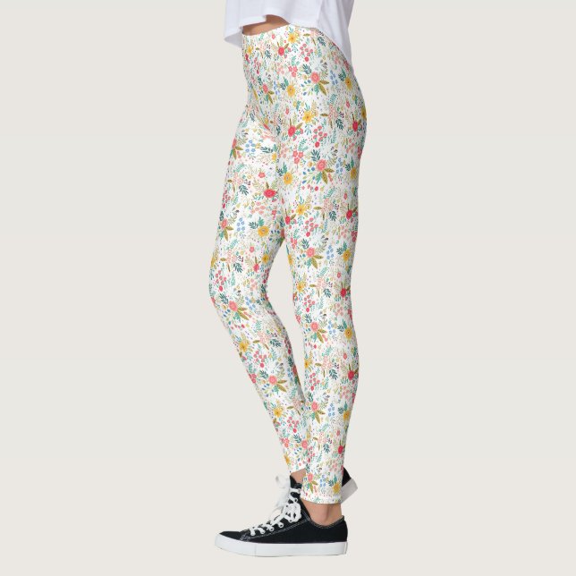 Multicolor spring floral pattern white background leggings (Left)