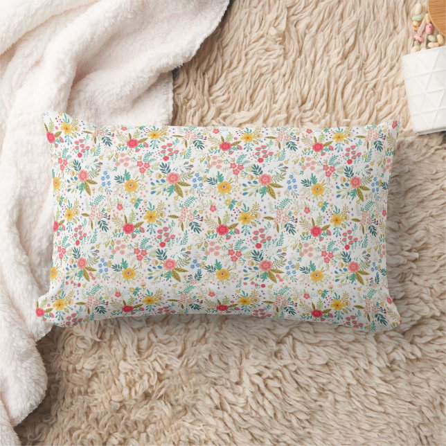 Multicolor spring floral pattern white background lumbar pillow (Blanket)