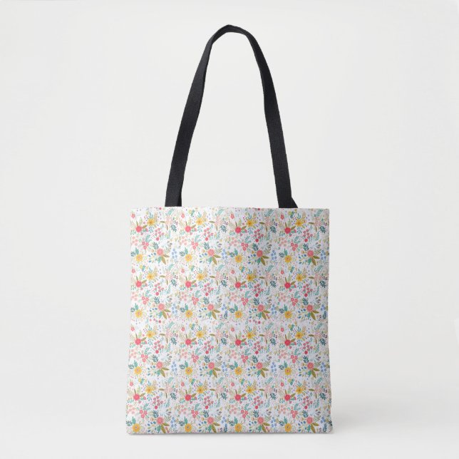 Multicolor spring floral pattern white background tote bag (Front)
