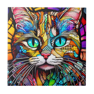 Multicolor Stained Glass Cat 710 Tile