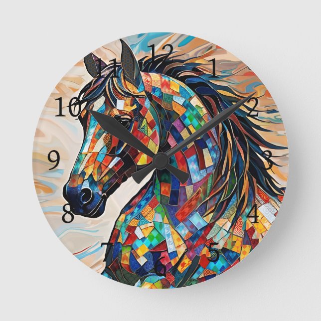 Multicolor Stained Glass Mosaic Horse 15 Round Clock (Front)