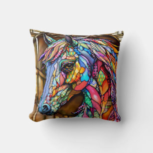 Multicolor Stained Glass Mosaic Style Horse 14 Throw Pillow