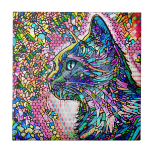 Multicolor Stained Glass Style Cat 706 Tile