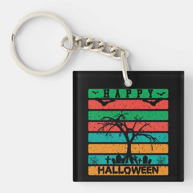 Multicolor Stripe Cemetery with Bats and Tree Keychain (Front)