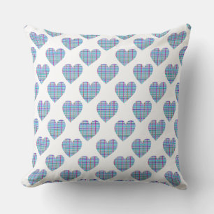 Multicolor striped blue hearts on white throw pillow
