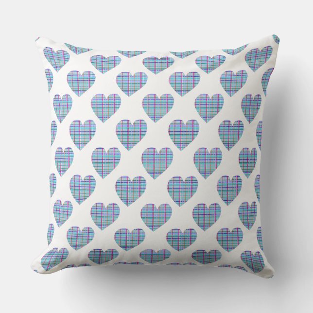 Multicolor striped blue hearts on white throw pillow (Front)