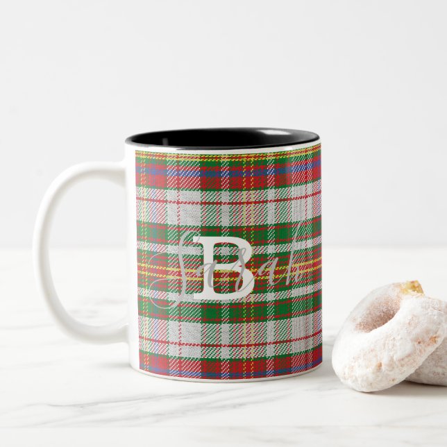 Multicolor Tartan Chequered Monogram Name Two-Tone Coffee Mug (With Donut)