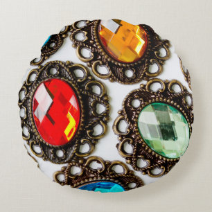 Multicolor vintage brooches on white backgroundbro round pillow