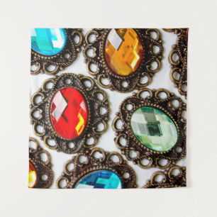Multicolor vintage brooches on white backgroundbro tapestry