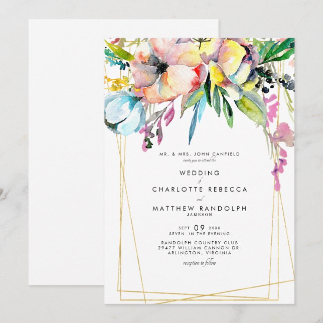 Multicolor Watercolor Floral Wedding Invitation (Front/Back)