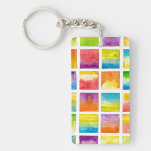 Multicolor Watercolor Squares Painting Art Keychain
