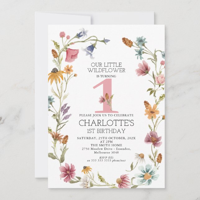 Multicolor Wildflower Wreath Girls Number Birthday Invitation (Front)