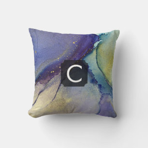 Multicolored Abstract Liquid Art & Gold, Monogram Throw Pillow