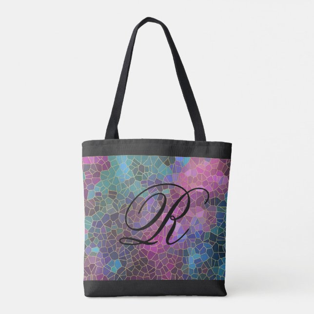Multicolored and Gold Mosaic Design with Monogram Tote Bag (Back)