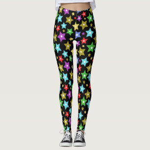 Multicolored and Shimmering Gold Stars on Black Leggings