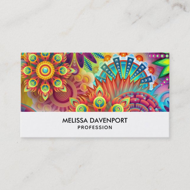 Multicolored Art Deco Flower Shapes Pattern Business Card (Front)