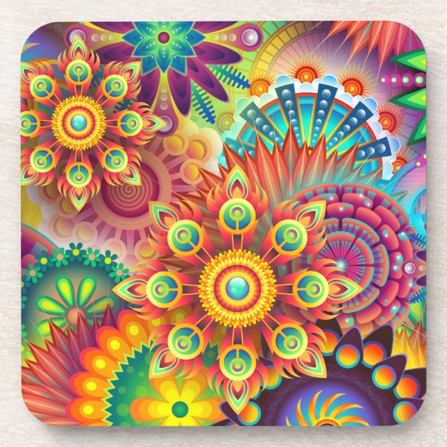 Multicolored Art Deco Flower Shapes Pattern Coaster (Front)