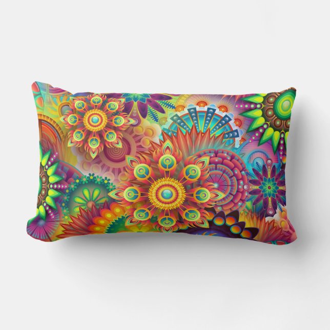Multicolored Art Deco Flower Shapes Pattern Lumbar Pillow (Front)
